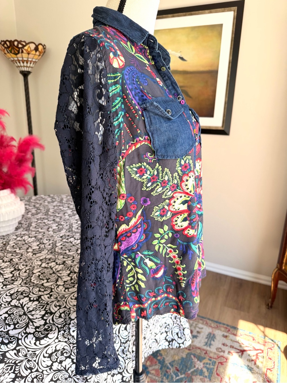 Desigual Floral Paisley Sheer Denim Lace Sleeve Button Shirt - Picture 2 of 8